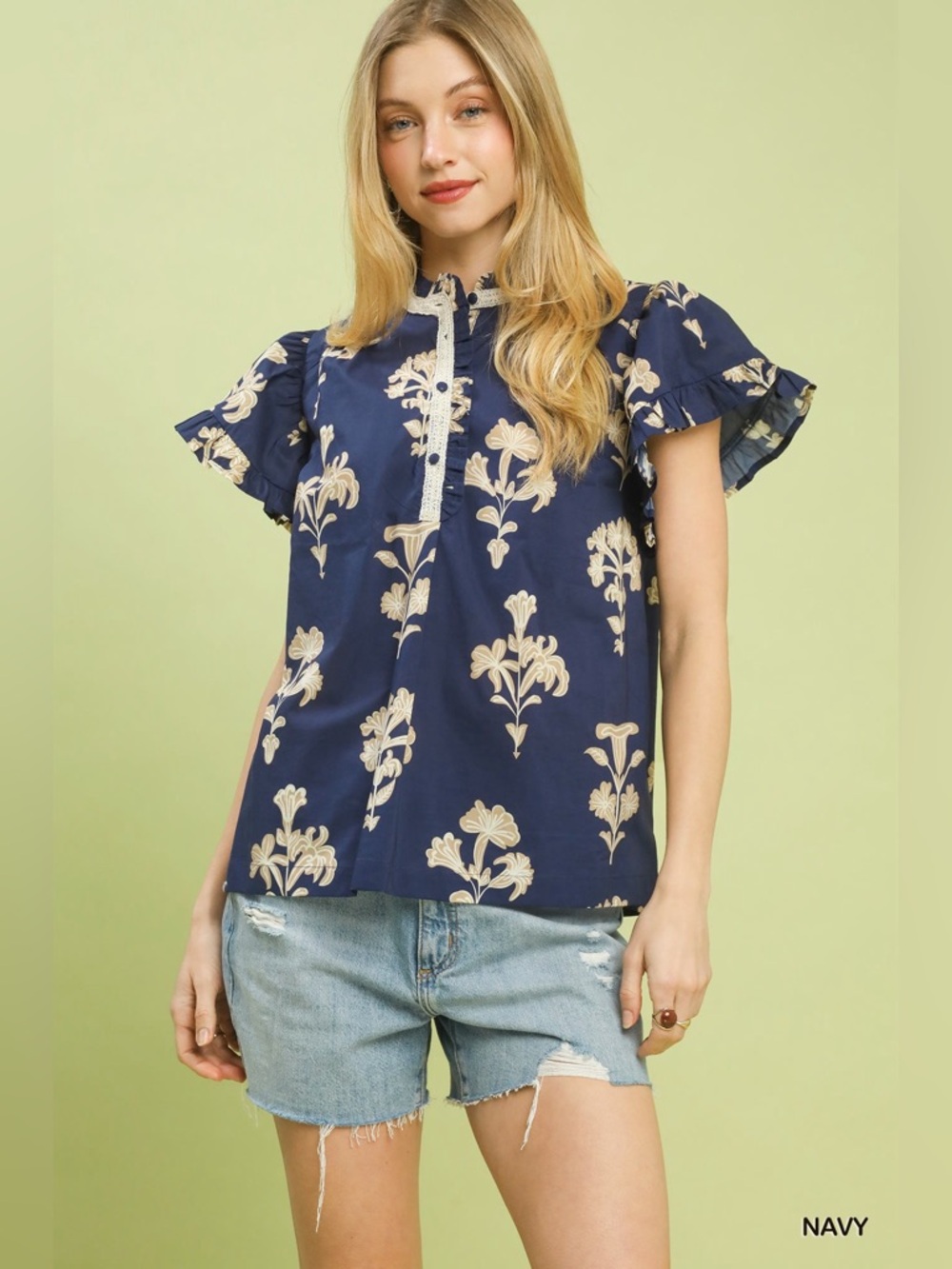 Umgee Floral Ruffle Sleeve Split-Neck Top🆕